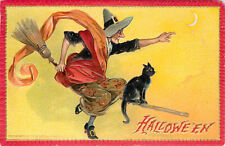 Tuck Halloween Postcard Hallowe'en 174 Witch and Black Cat On Broom S/A Brundage picture