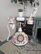 Rare vintage-style landline phone white and gold finish, w pink porcelain roses. picture