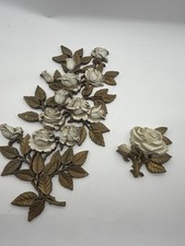 Vintage MCM Boho HMCO 1970s Rose 3D Plaque USA White Gold 21x11 Decorative 2 Pc picture