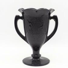 Vintage Black Glass Pedestal Vase 2 Handles Nymphs Dance Ruffle Top picture