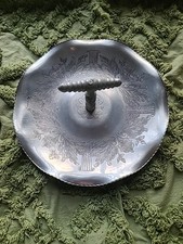 Vintage Aluminum Round Floral Serving Tray & Handle Mcm Cookies Candy Tea party picture