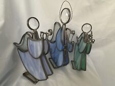 Vtg Lot of 3 Stained Glass Angels Light Blue 3 angels playing Harp instruments picture