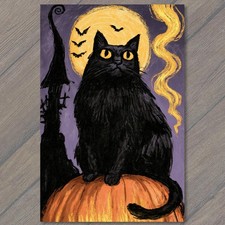 POSTCARD Black Cat Pumpkin Full Moon Bats Haunted Cottagecore Witchy Halloween picture