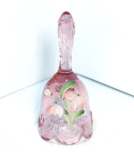 Vintage Fenton Pink Handled Bell Hand Painted Floral Signed Sticker 4.5