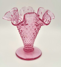 Vintage Fenton Cranberry Hobnail Vase Pink Ruffled Edge Footed Art Glass picture
