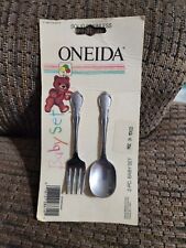 Vintage Oneida Baby Fork & Spoon Set Solid Stainless 1986 Baby Shower Gift picture