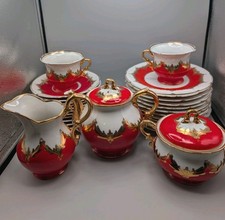 Vintage Soviet Baranovka Porcelain Tea Set Red Gold Acanthus 28 Pc Ukraine Ussr picture