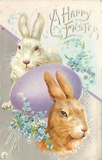 Stecher Embossed Easter Postcard 217 D; White Rabbit, Brown Rabbit, Lavender Egg picture