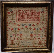 EARLY 19TH CENTURY MOTIF & QUOTATION SAMPLER BY ESTHER  BAVEY AGED 10 - c.1840 picture