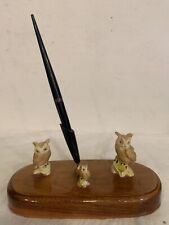 Vintage Owl Fountain Pen Holder Wooden Base 3 White Owls RARE See Photos NICE picture