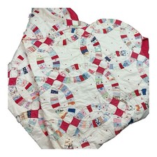 Vintage 1930s/40s hand stitched wedding circle quilt 65 x 71 USA made fair cond picture