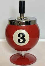 Retro Pool Ball SPINNING Ashtray Mechanical Red #3 Chrome vtg MCM Nostalgic New picture