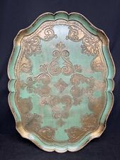 Vintage Italian Florentine Wood Serving Tray Green Gold Gilt Worn SEE PICTURES  picture