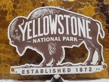 VINTAGE YELLOWSTONE NATIONAL PARK PORCELAIN SIGN RARE OLD BISON BUFFALO HIKE CAM picture