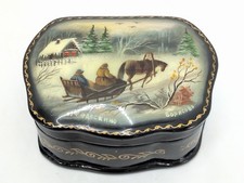Vintage Fedoskino Russian lacquer box featuring a hand-painted winter scene picture