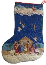 VTG Jumbo Xmas Stocking Quilted Pearl Bead Glitter Angel Lamb Nativity Manger 21 picture