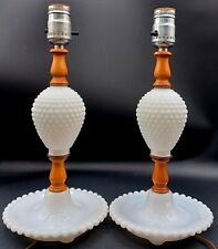 Pair Of Vintage Milk Glass Hobnail Table Lamps With Wood Accents 10 5/8