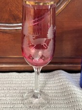 Bohemia Czech Cranberry Etched Champagne Flute Glass Deer and a Castle Gold Rim picture
