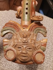 Large 12.5” Aztec Style Clay Flute Hand-Painted Serpent & Deity Mexican Folk Art picture