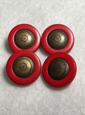 4 Vtg 7/8” Engraved Bright Red Brass Flower Buttons 1935, Rare, Collectible picture
