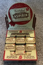 Vtg 1939 Certified Brand Aspirin Counter Display Box Cardboard Sign & 35 Tins picture