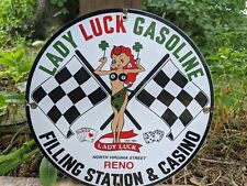 VINTAGE 1961 LADY LUCK GASOLINE & CASINO PORCELAIN GAS STATION SIGN 12