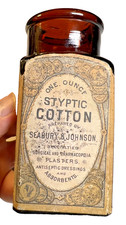 c1895 Seabury & Johnson Styptic Cotton Bottle Original Label Medical Antique picture