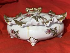 Vintage Hand Painted Betson’s Flower Gold Rimed Trinket Dish/Candy Bowl W/ Lid picture