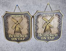 Vintage Imported Heineken On Tap Beer Signs 1980 1988 Set of 2 Barware Plaques picture