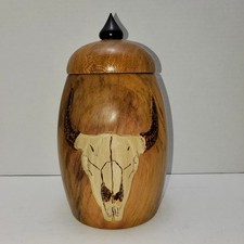 Vintage Hand-turned Wooden Cremation Urn Engraved Buffalo Skull picture