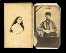 Lot of 1860s CDVs Man in Wheel Cap & Pretty Woman with Long Hair South Carolina picture