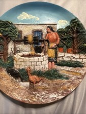 Vintage Cyprus Hand Painted 3D Bas Relief Terracotta Ceramic Wall Plate Village picture