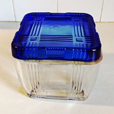 1930s Hazel Atlas Criss-Cross Pattern Refrigerator Box w/ Cobalt Blue Glass Lid picture