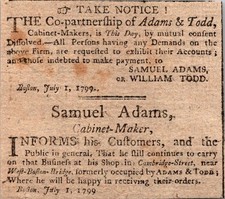Dissolved Partnership Samuel Adams & Todd July 1799 Boston 1799 Clipping 5AK9-M7 picture