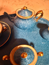 Crown Staffordshire Fine Bone China Blue Gold Floral Mini Tea Set 5pc picture