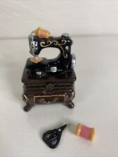 Vintage Hand Painted Porcelain Sewing Machine Trinket Box with Two Charms picture