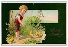 1911 Easter Greetings Boy And Baby Chicks Gel Gold Gilt Marietta MN Postcard picture