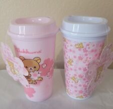 (2) New Rilakkuma Brown Bear Friends Pink Reusable Plastic Cups 16oz Round 1 NWT picture