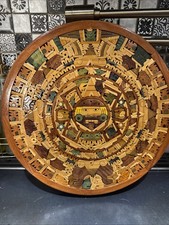 Vintage Aztec Mayan Wooden Wall Hanging Calendar Inlay Carved Art 16.5” picture