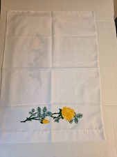 Vintage 1950s Hand Embroidered Pillowcases Pair Yellow Roses Green Leaves Set 2 picture