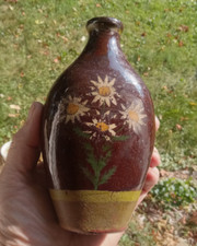 1830s RARE EARLY REDWARE POTTERY OVOID POCKET WHISKEY FLASK PAINTED FLOWERS NICE picture