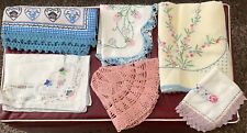 Delicate  Lot of 6 Embroidered * Crochet Pink & Blue VTG Table Linens. picture