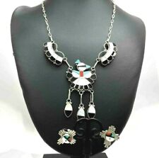 Southwest Vintage Zuni MultiStone Inlay Sterling Silver Necklace Earrings Signed picture