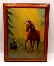 Unicorn and leprechaun vintage 1986 lacquered Wood print by Bobbii picture