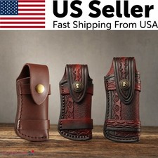 Hand Made Carved Cow Leather Sheath For Folding Knife Cover Pouch Belt Clip US picture