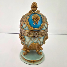 Antique Style Blue & Gold Metal Ornate Egg-Shaped Decorative Trinket Box picture