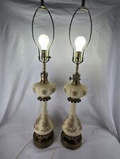 PAIR OF TALL HOLLYWOOD REGENCY ERA PINK ETCHED MILK GLASS LAMP BRONZE FEET picture