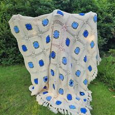 Large Cream Colored With Blue Flowers Crocheted Blanket 87