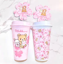 Rilakkuma Cups SET of 2 EXCLUSIVE Pink Sakura Cherry 16oz Reusable Plastic NEWT picture