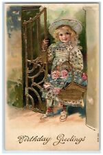 1909 Birthday Greetings Girl With Basket Of Flowers Embossed Antique Postcard picture